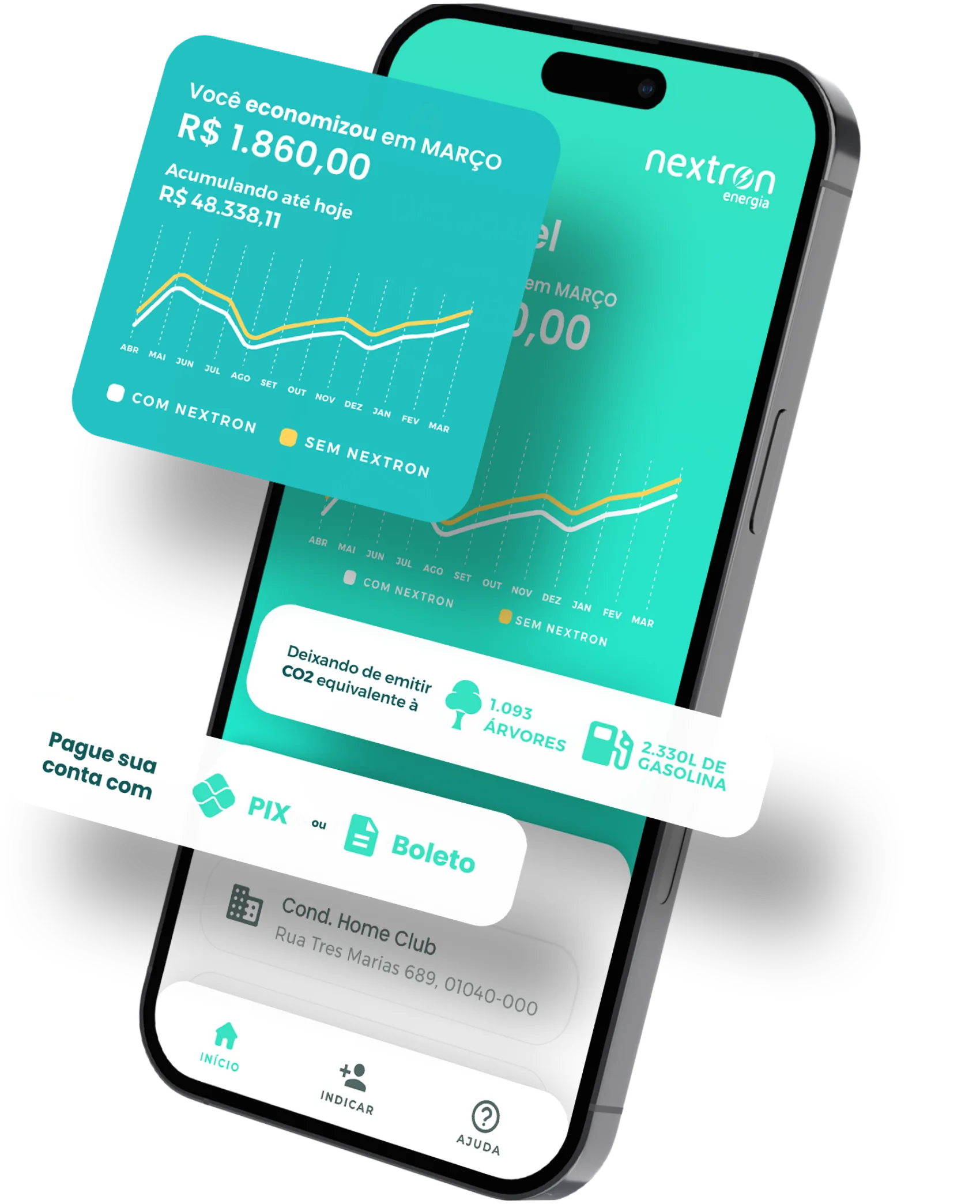 App Nextron — tela de economia mensal, fatura, formas de pagamento PIX e Boleto