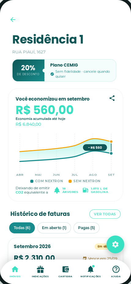 Tela do app: quanto você economizou no mês, com gráfico